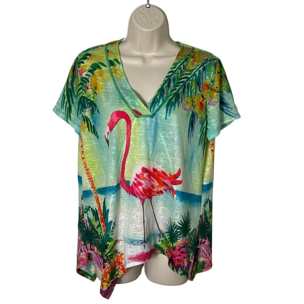 Ellen Negley Art‎ & Sol Watercolor Tropical Flamingo Shirt Size Large Petite